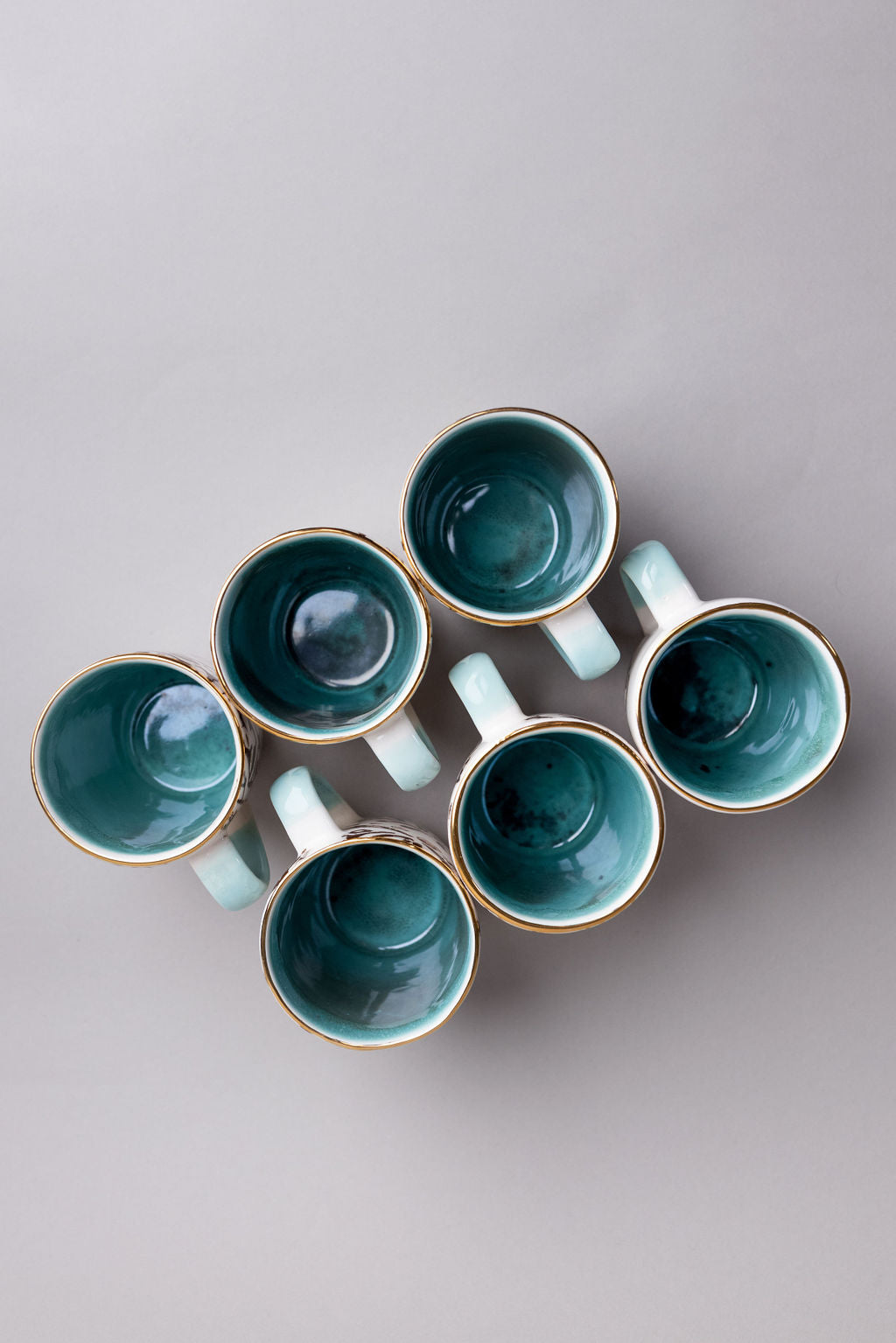 White And Turquoise Ceramic Mugs | Hand Made Black And Gold Pattern