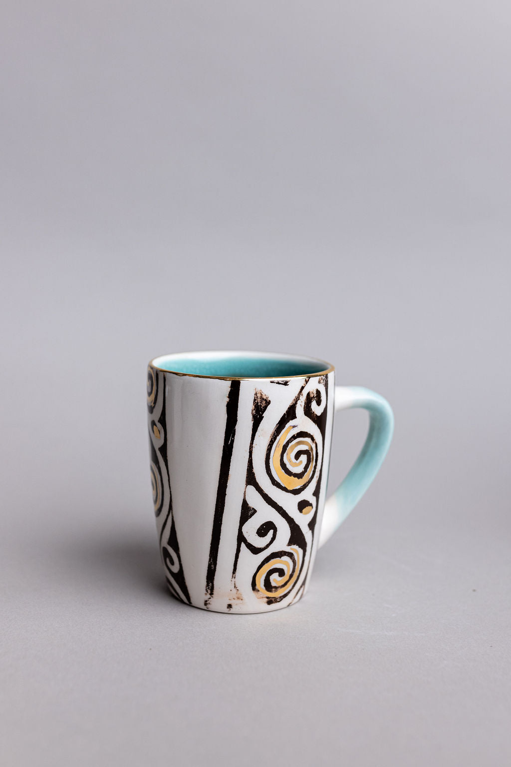 White And Turquoise Ceramic Mugs | Hand Made Black And Gold Pattern