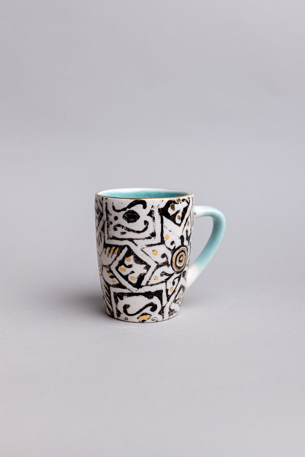 White And Turquoise Ceramic Mugs | Hand Made Black And Gold Pattern