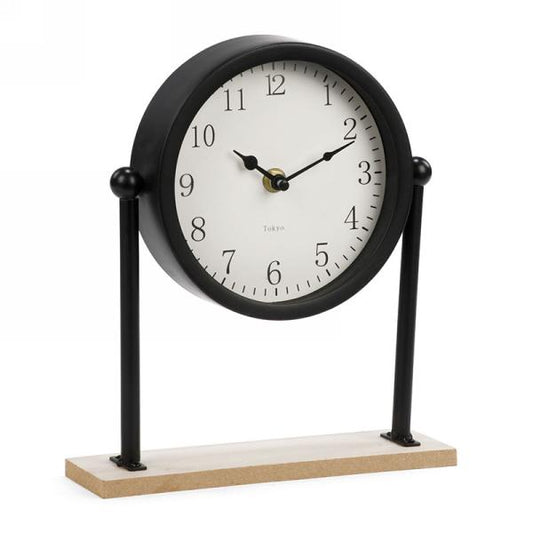 Black Metal Clock On Wooden Stand