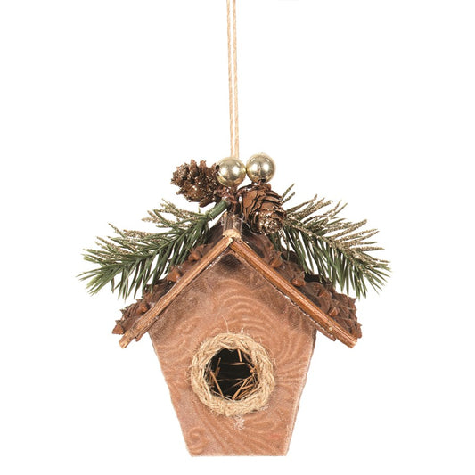 Bird House Christmas Ornament | Gold Velvet With Pinecone Shingle Roof Xmas Decoration