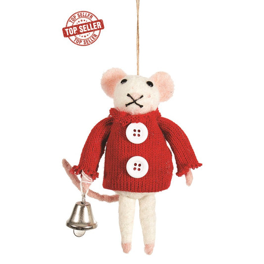 Red Sweater Mouse with Bell In Hand Christmas Ornament