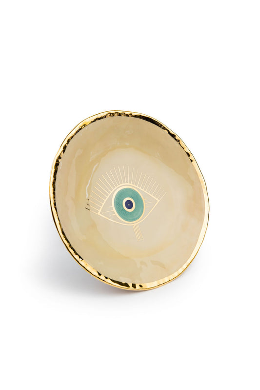 Nazar ceramic plate-beige and gold with evil eye