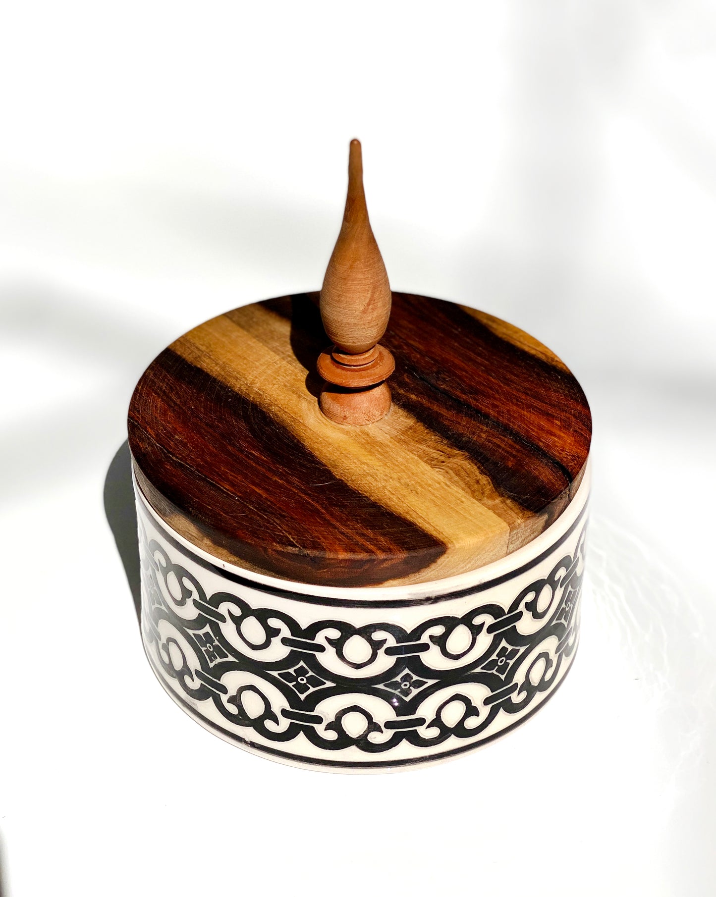 Wood And Ceramic Black And White Canister | Hand Made Oriental Pattern Canister