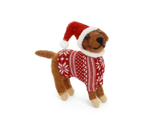 Wool Dog Ornament With Red Christmas Sweater | Cute Santa Hat On Dog