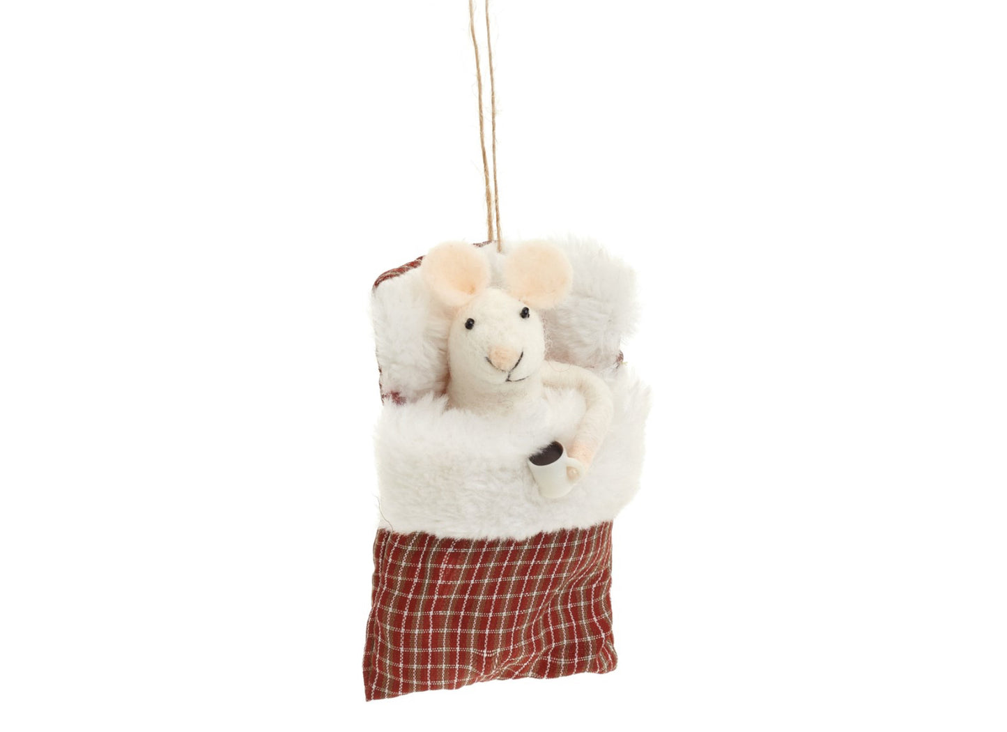 Wool Mouse In Bed With Coffee Christmas Ornament | White And Red