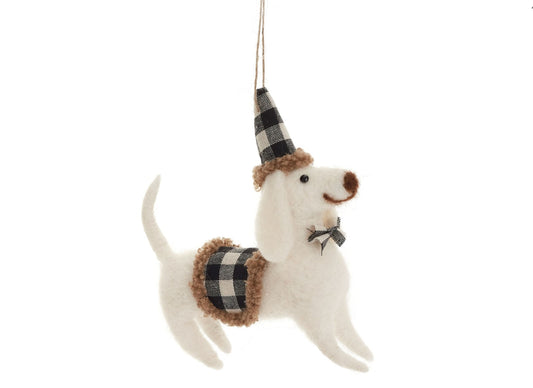 Wool White Dog With Checkered Hat And Vest Christmas Ornament