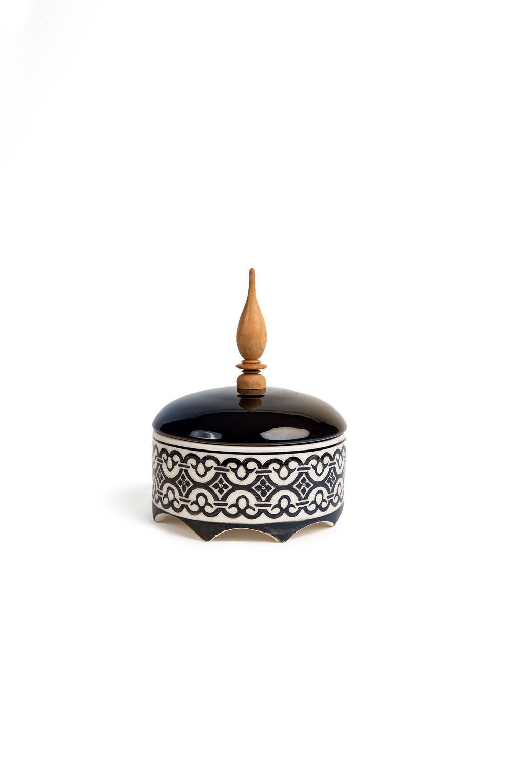 Moroccan handmade black and white ceramic canister.