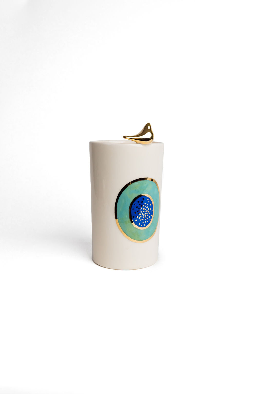 White Ceramic Cylinder Evil Eye Vase