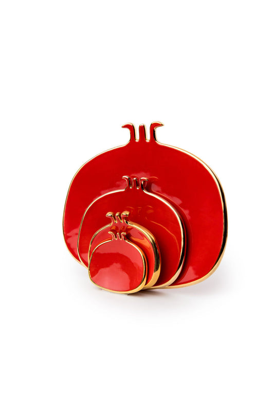 Red Hand Made Ceramic Pomegranate Plates With Gold Edge