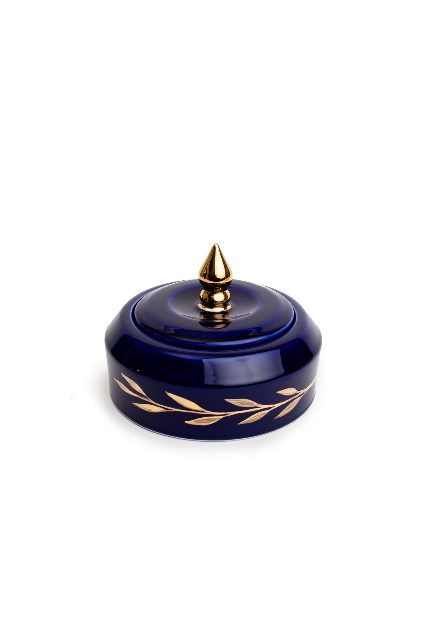 Navy And Gold Canister With Leaf Drawings