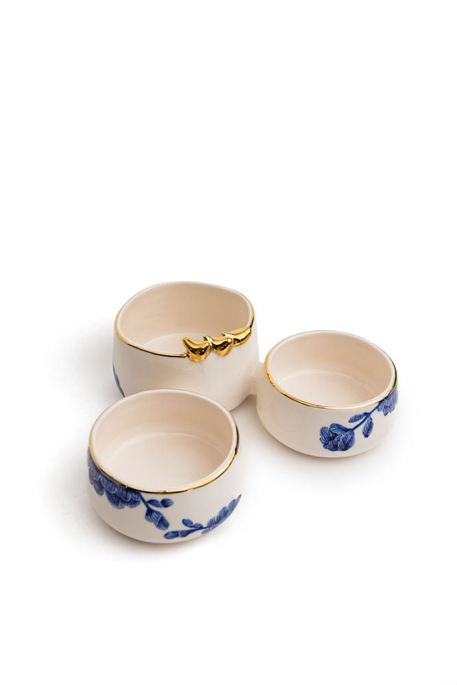 Triple Ceramic Dip Dish | White and Blue Floral
