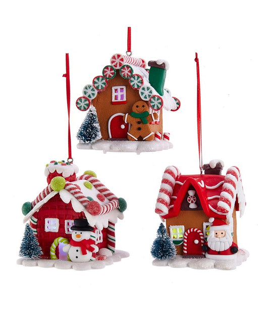 LED Gingerbread Candy House Christmas Ornament | Sugared Glittered House With Colourful Santa And Snowman.