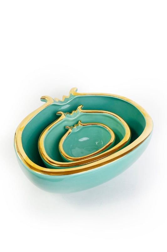Turquoise Pomegranate Bowls With Gold Edge